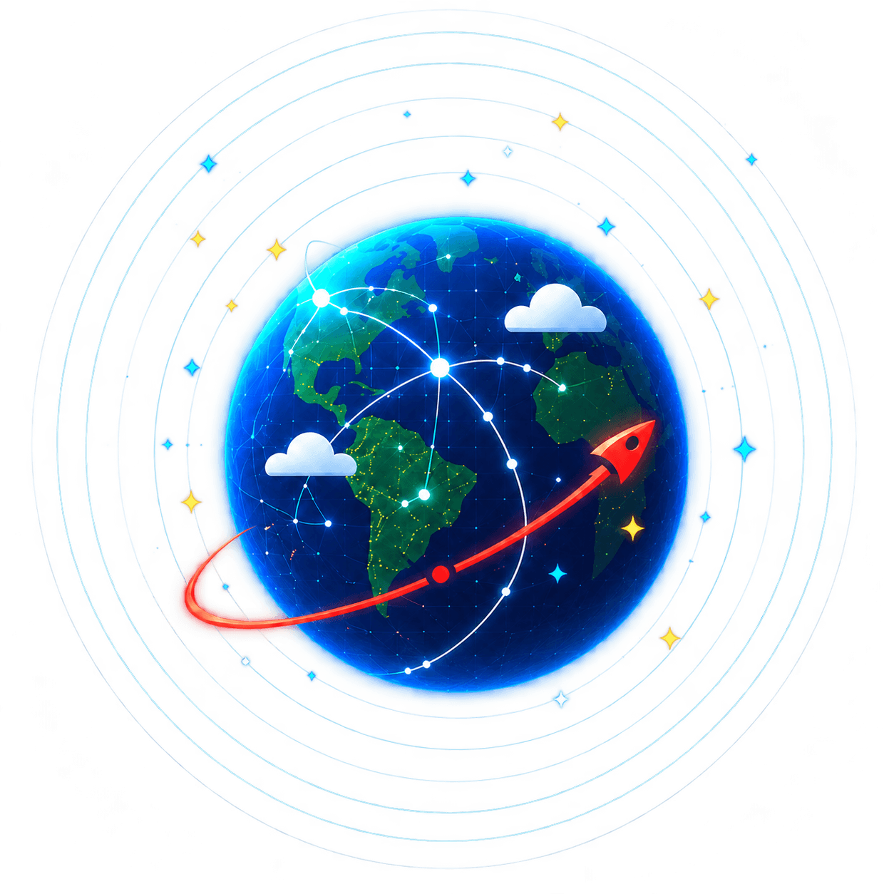 A connected globe encircled by an ascending rocket